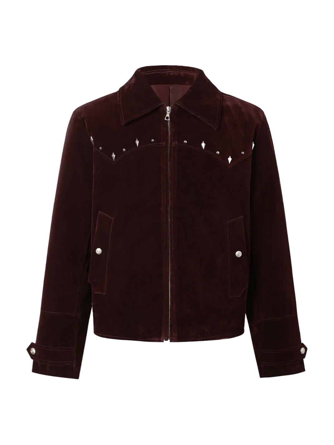 Burgundy Studded Yoke Velvet Denim Jacket - product view 1