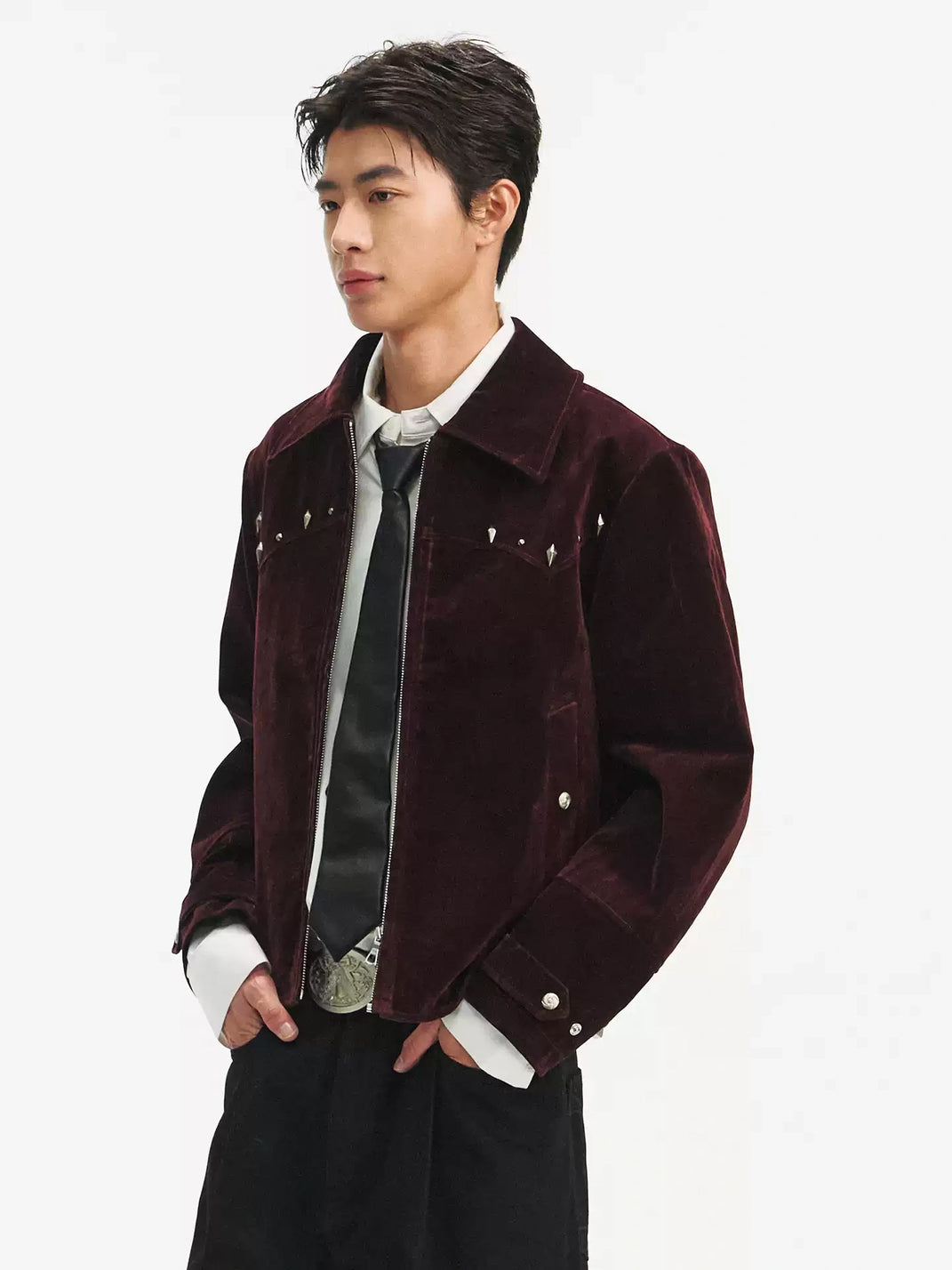 Burgundy Studded Yoke Velvet Denim Jacket - product view 2