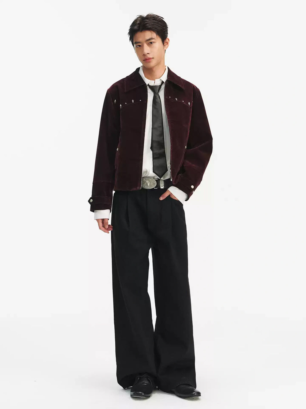 Burgundy Studded Yoke Velvet Denim Jacket - product view 5