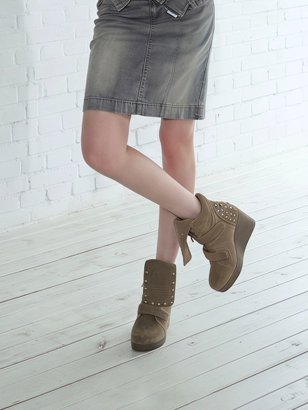Studded Camel Suede Strap Wedge Boots - product view 4