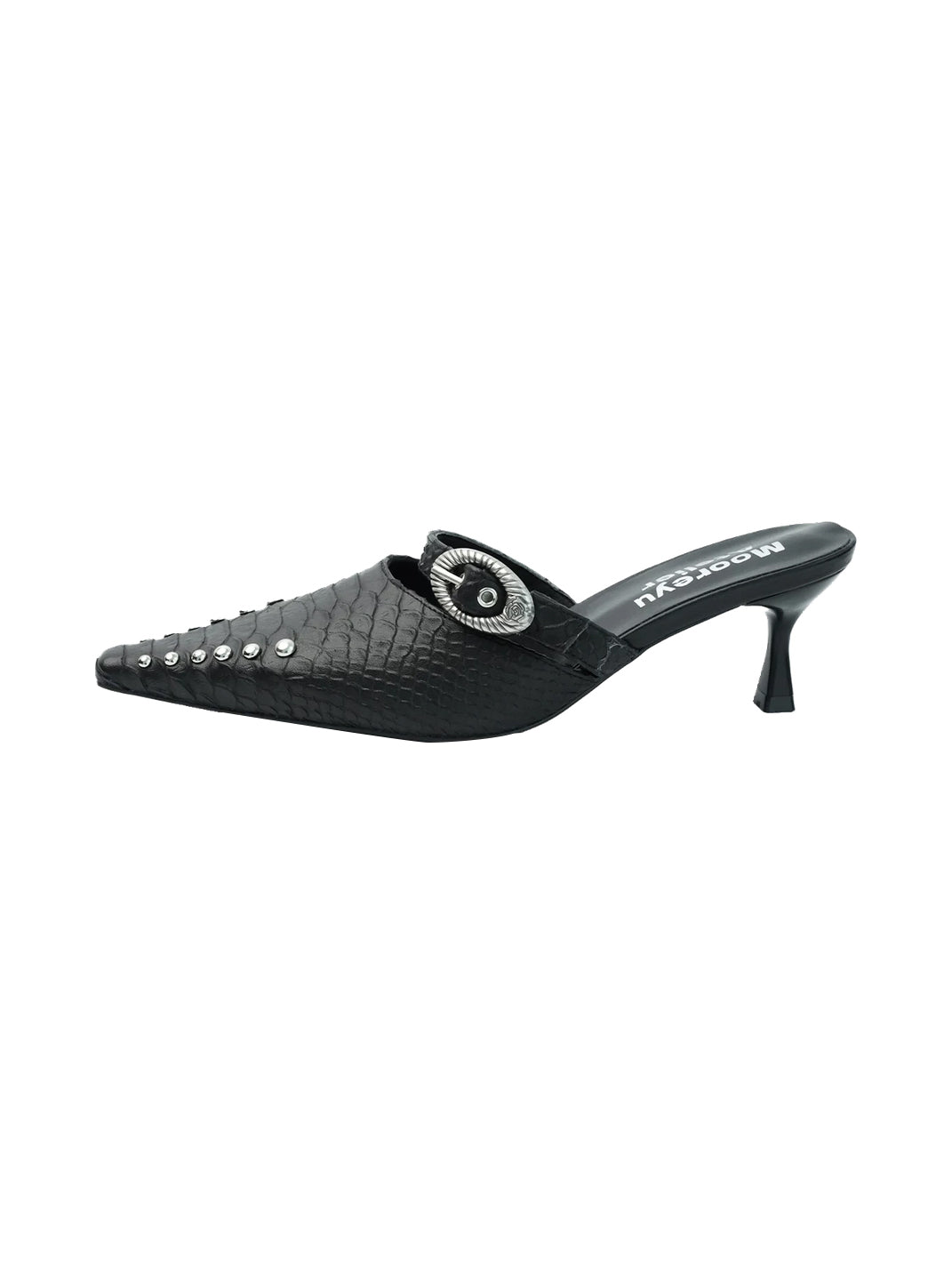Rose Buckle Pointed Snake Embossed Mule Heels - product view 1