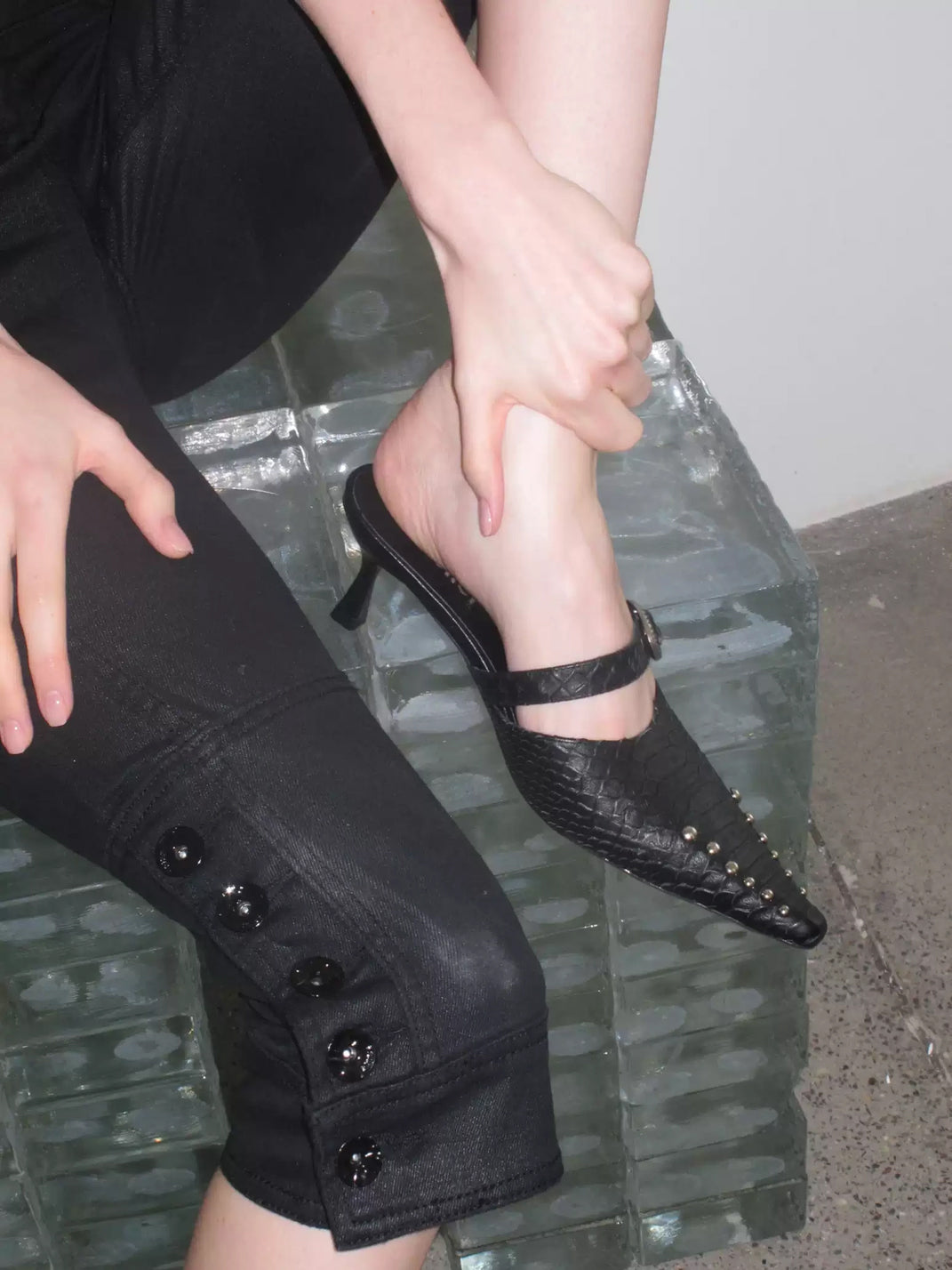 Rose Buckle Pointed Snake Embossed Mule Heels - product view 2