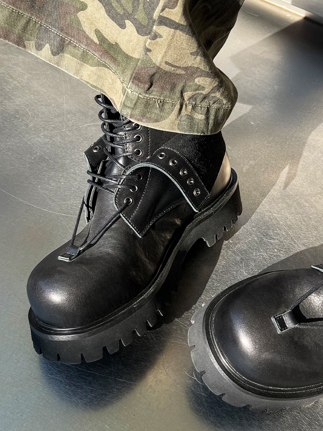 Black Foldover Eyelet Lug Sole Boots - product view 5