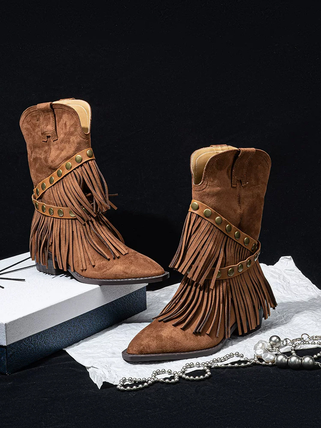 Studded Strap Tiered Fringe Western Boots - product view 4