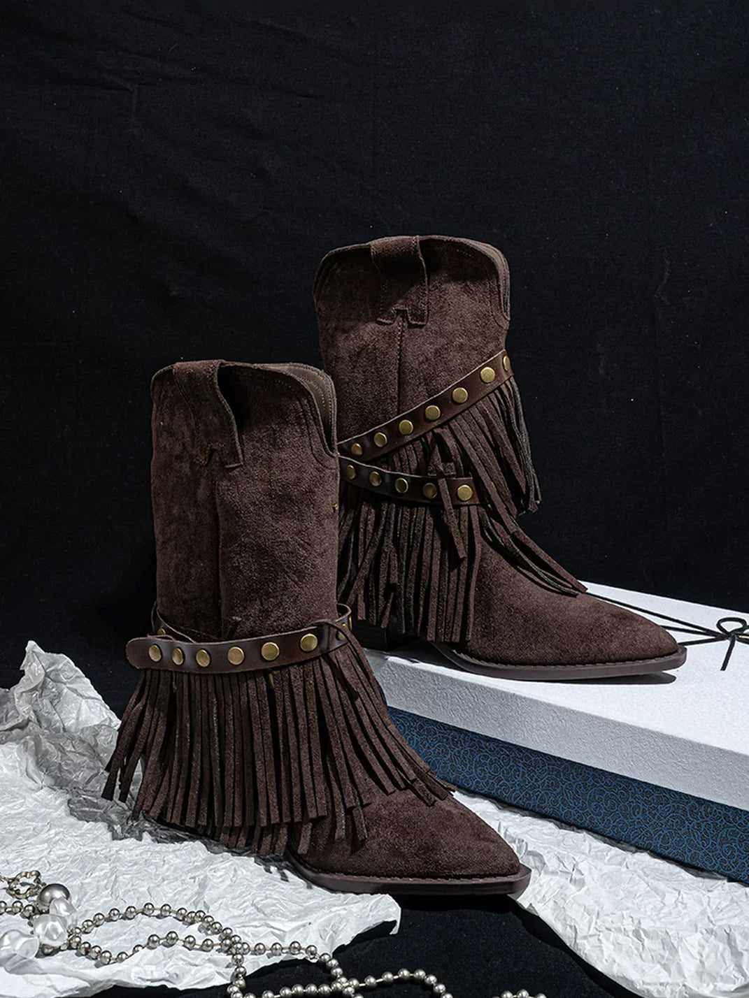 Studded Strap Tiered Fringe Western Boots - product view 5