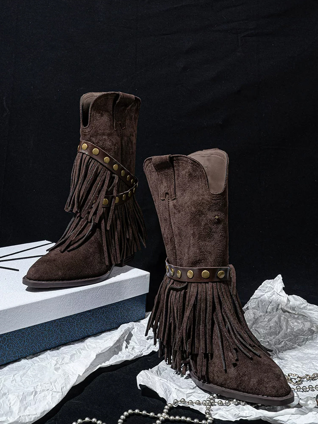 Studded Strap Tiered Fringe Western Boots - product view 6