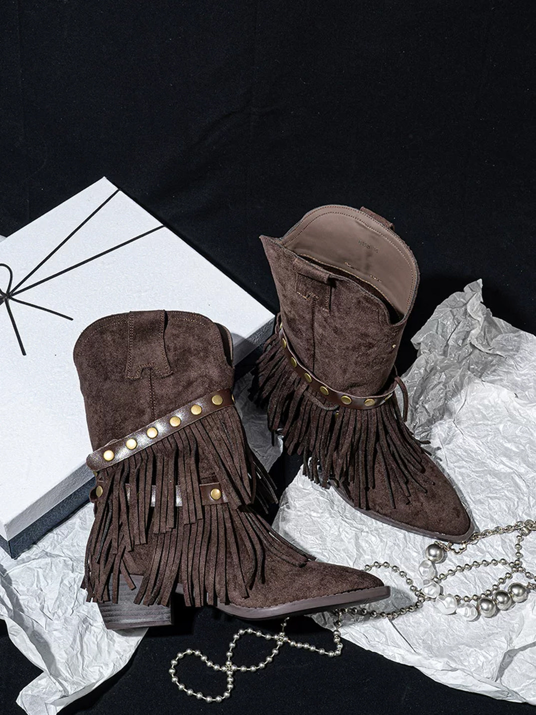 Studded Strap Tiered Fringe Western Boots - product view 7