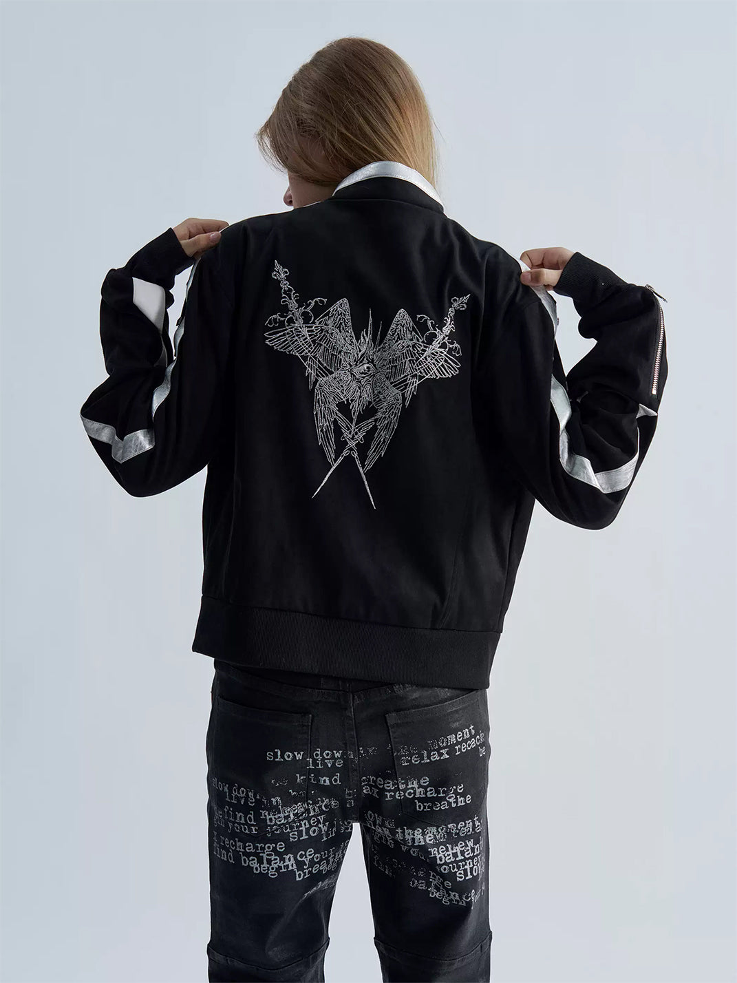 Silver Stripe Wing Embroidered Stand Collar Jacket - product view 6