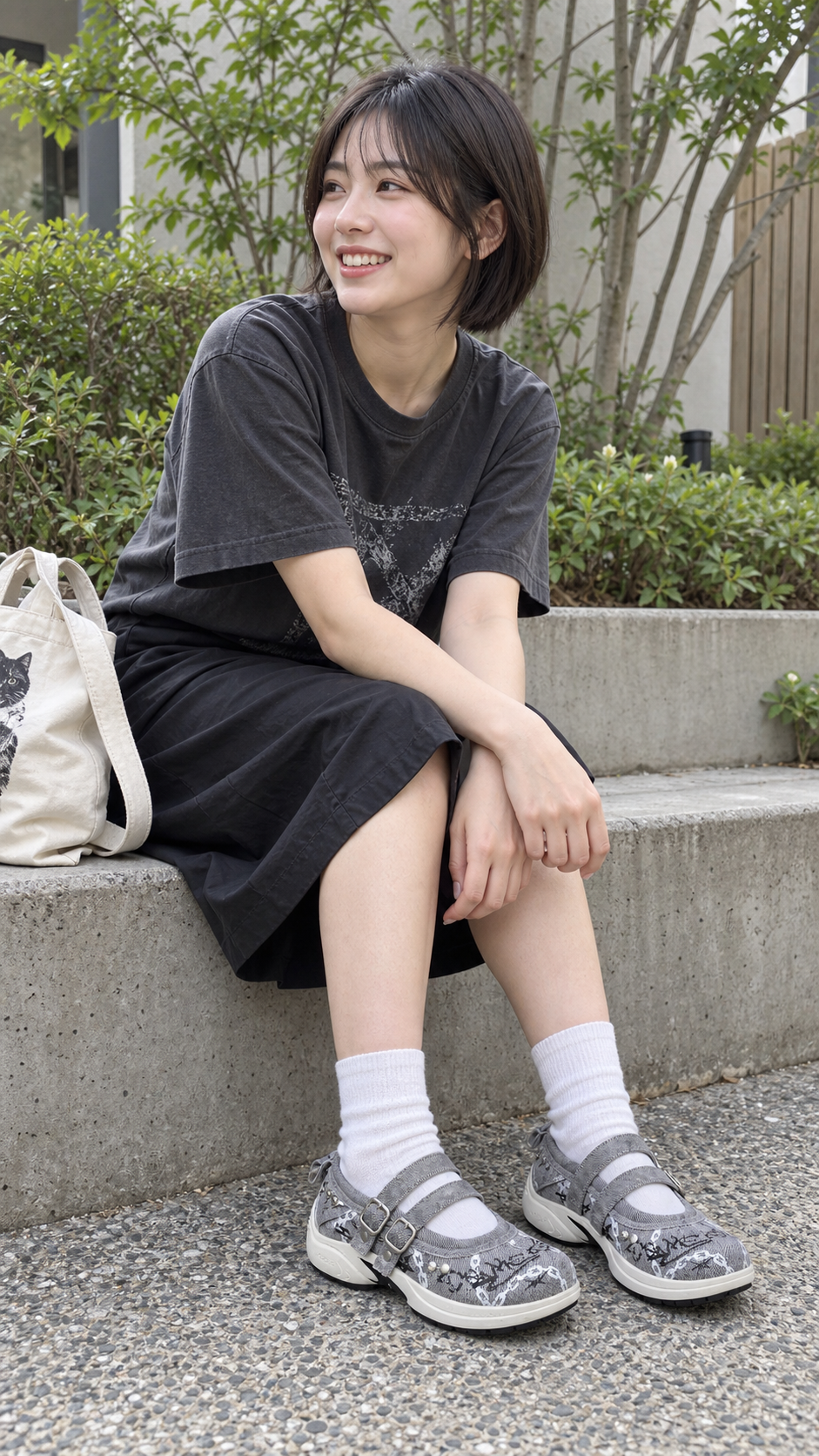 Gray Punk-Ballet Strapped Mary Jane Sneakers — courtyard; AI-generated lifestyle showcase