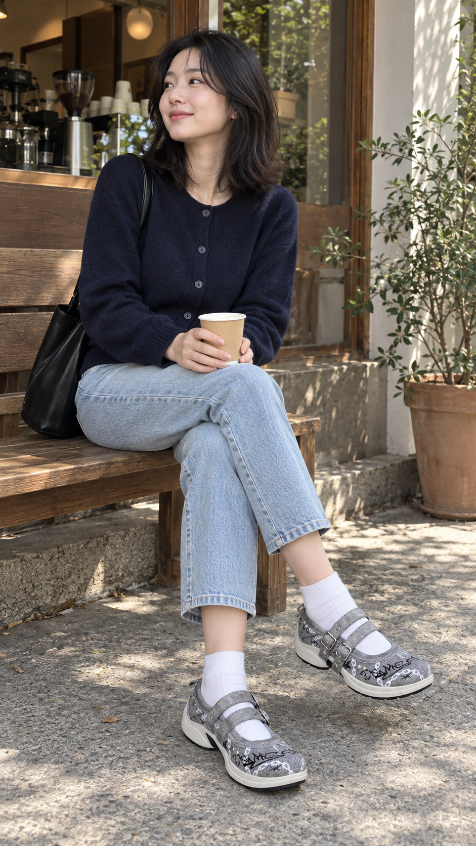 Gray Punk-Ballet Strapped Mary Jane Sneakers — cafe; AI-generated lifestyle showcase