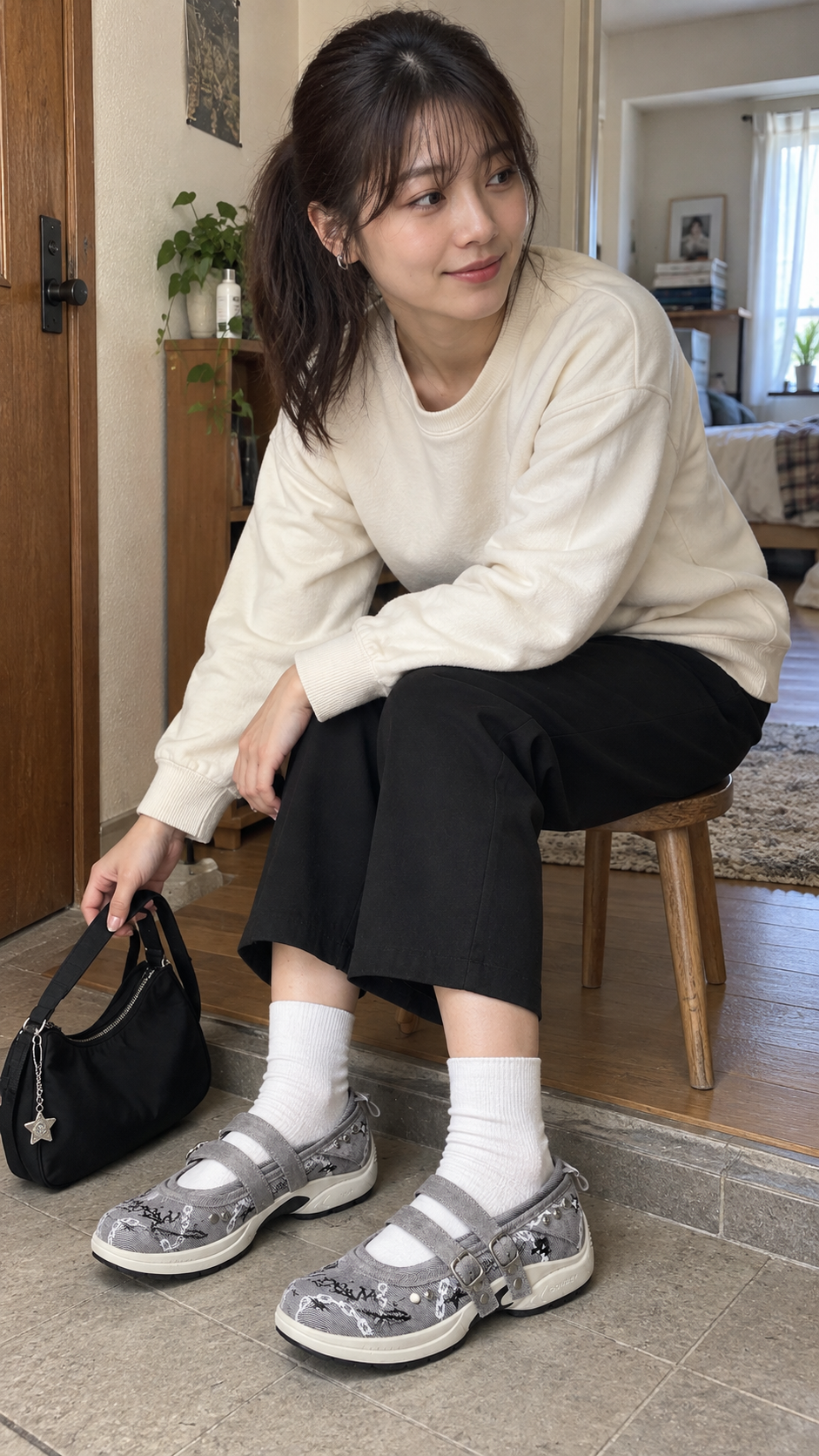 Gray Punk-Ballet Strapped Mary Jane Sneakers — apartment entryway; AI-generated lifestyle showcase