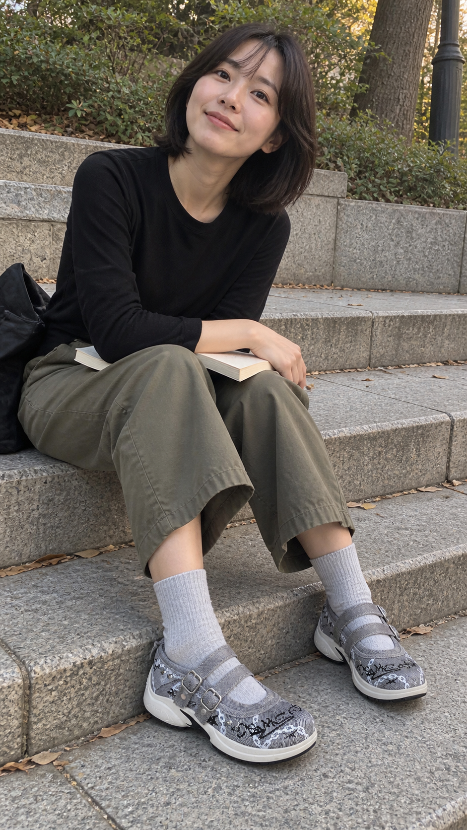 Gray Punk-Ballet Strapped Mary Jane Sneakers — park steps; AI-generated lifestyle showcase