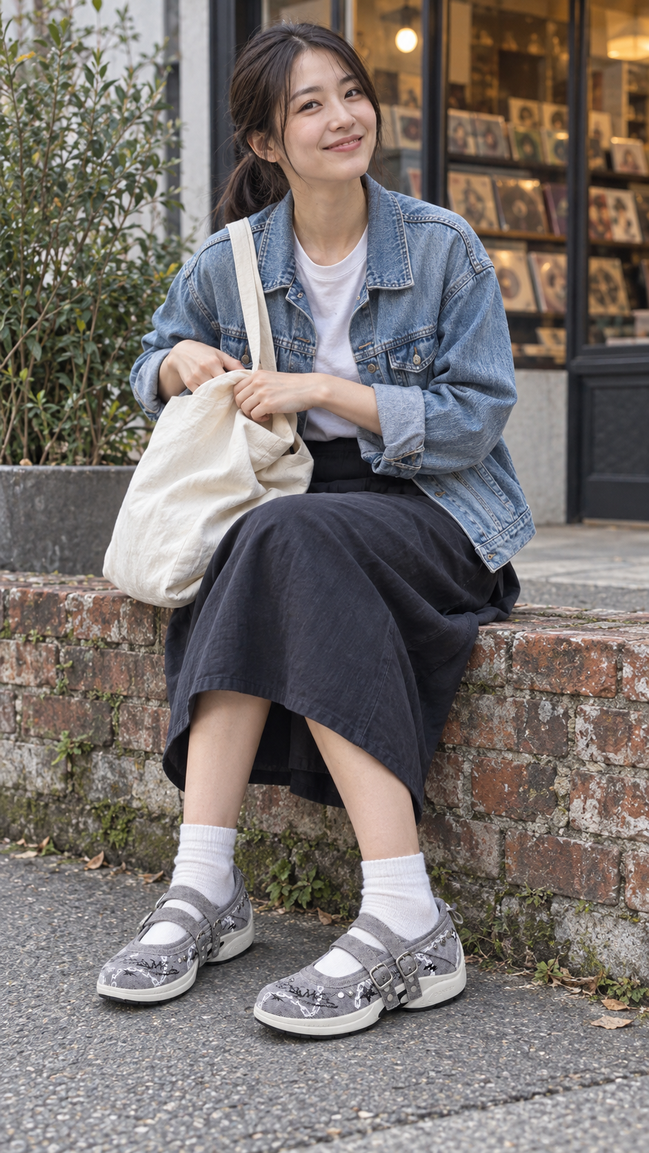 Gray Punk-Ballet Strapped Mary Jane Sneakers — record shop; AI-generated lifestyle showcase