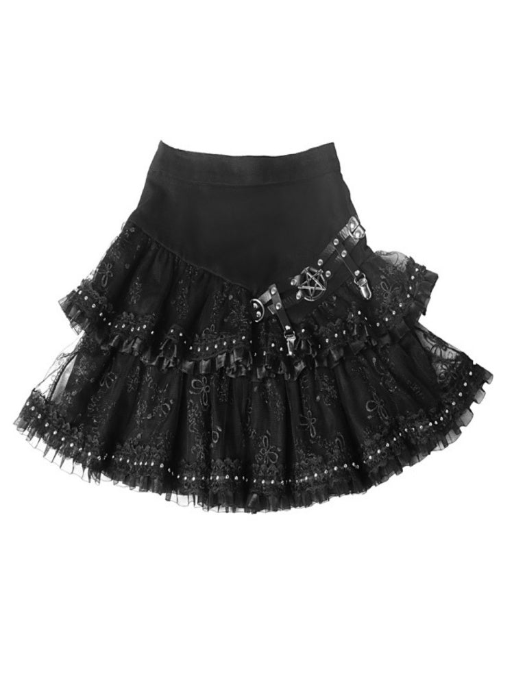 Gothic Lolita Tiered Ruffle Mini Skirt with Floral Lace and Studded Trim