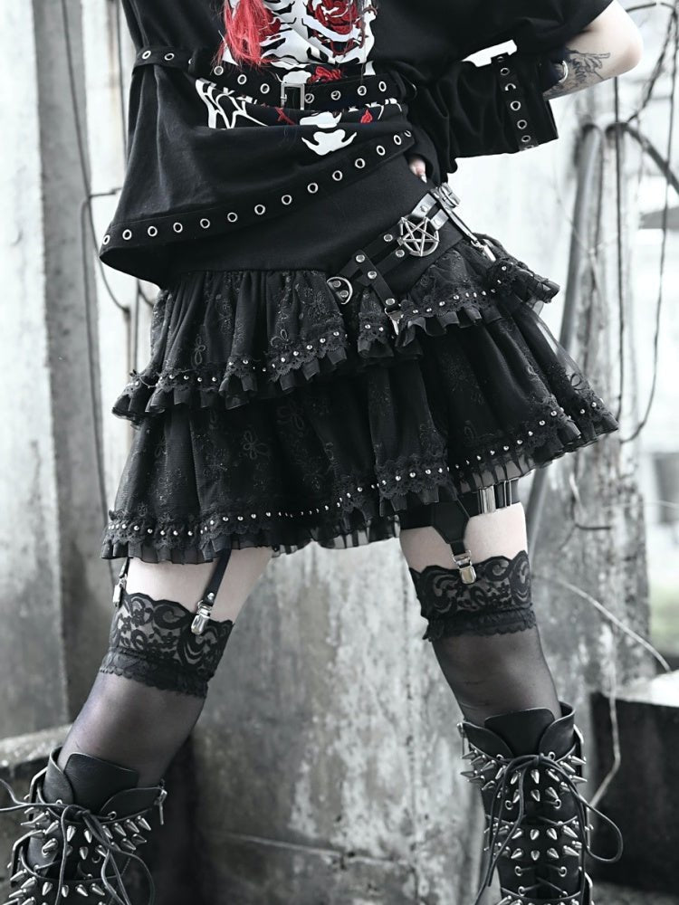 Gothic Lolita Tiered Ruffle Mini Skirt with Floral Lace and Studded Trim