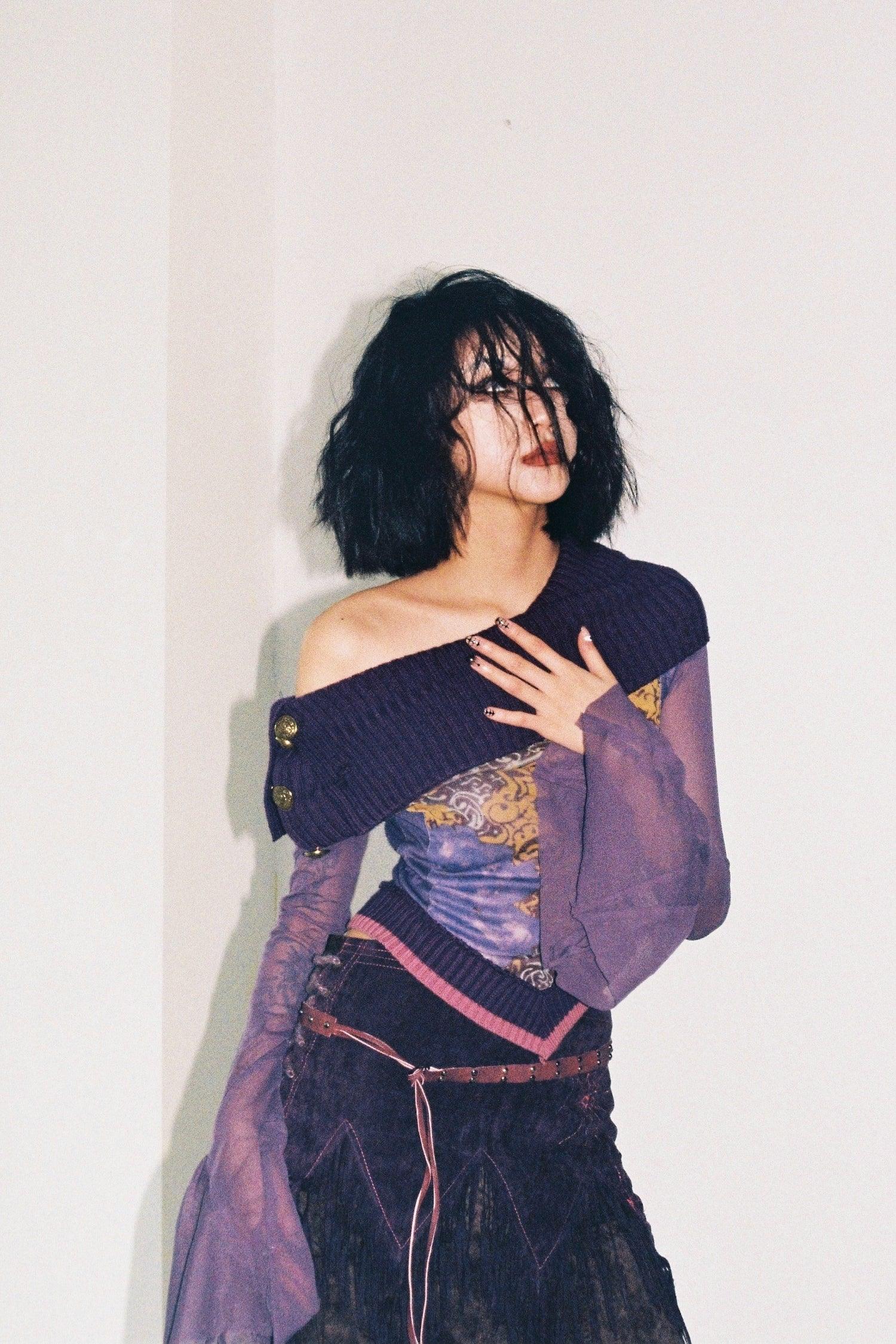 Purple Mixed Media Button Blouse