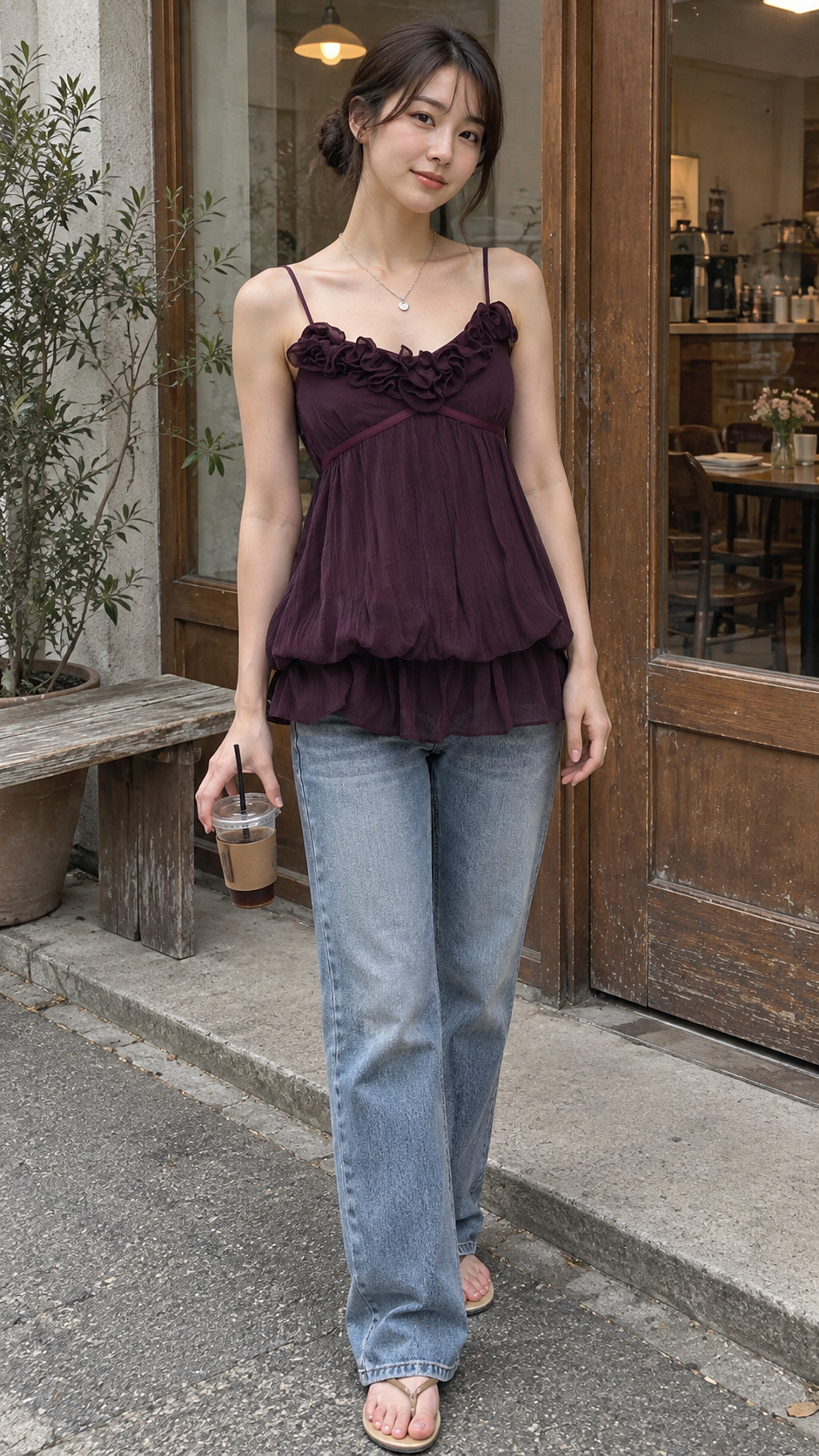 AI-styled look: Purple Rosette Ruffle V-Neck Camisole — Cafe sidewalk