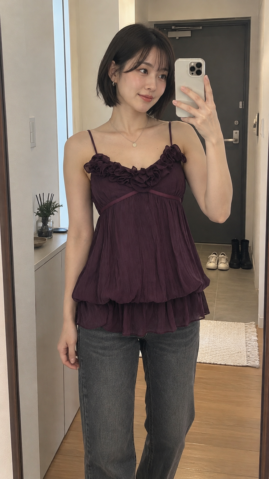 AI-styled look: Purple Rosette Ruffle V-Neck Camisole — Apartment hallway