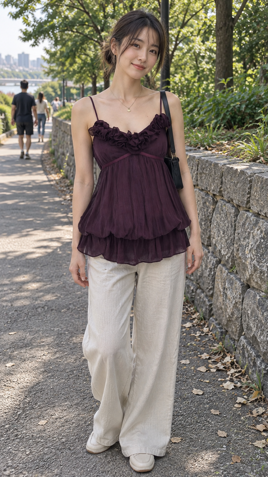 AI-styled look: Purple Rosette Ruffle V-Neck Camisole — Park path