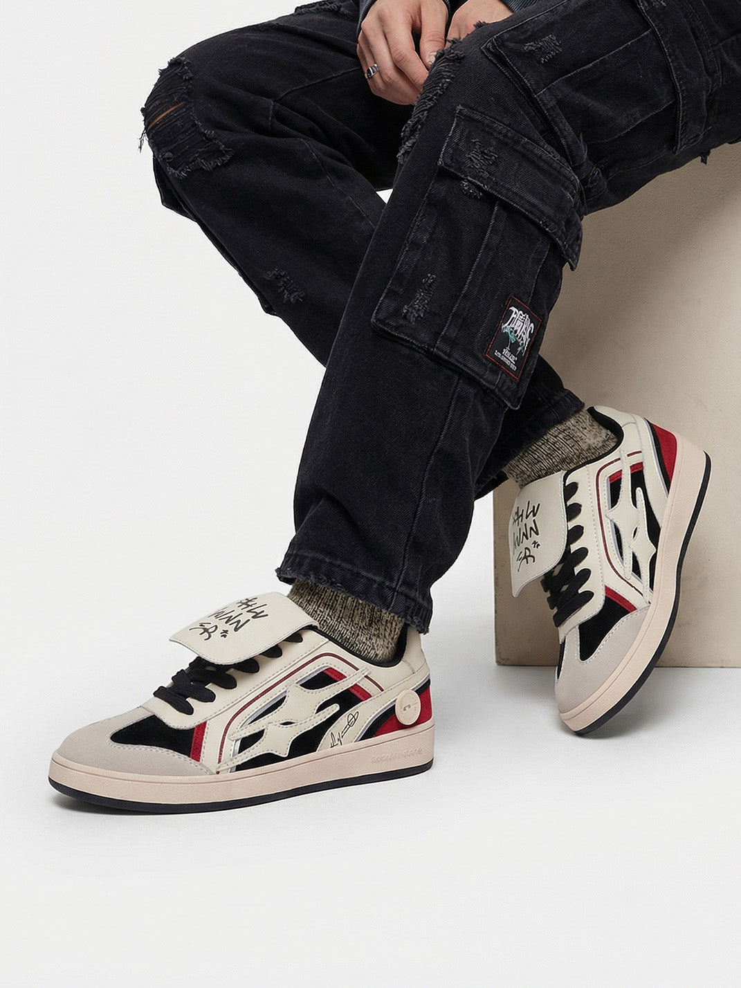 Red Flame-Panel Retro Trainer Sneakers - View 2