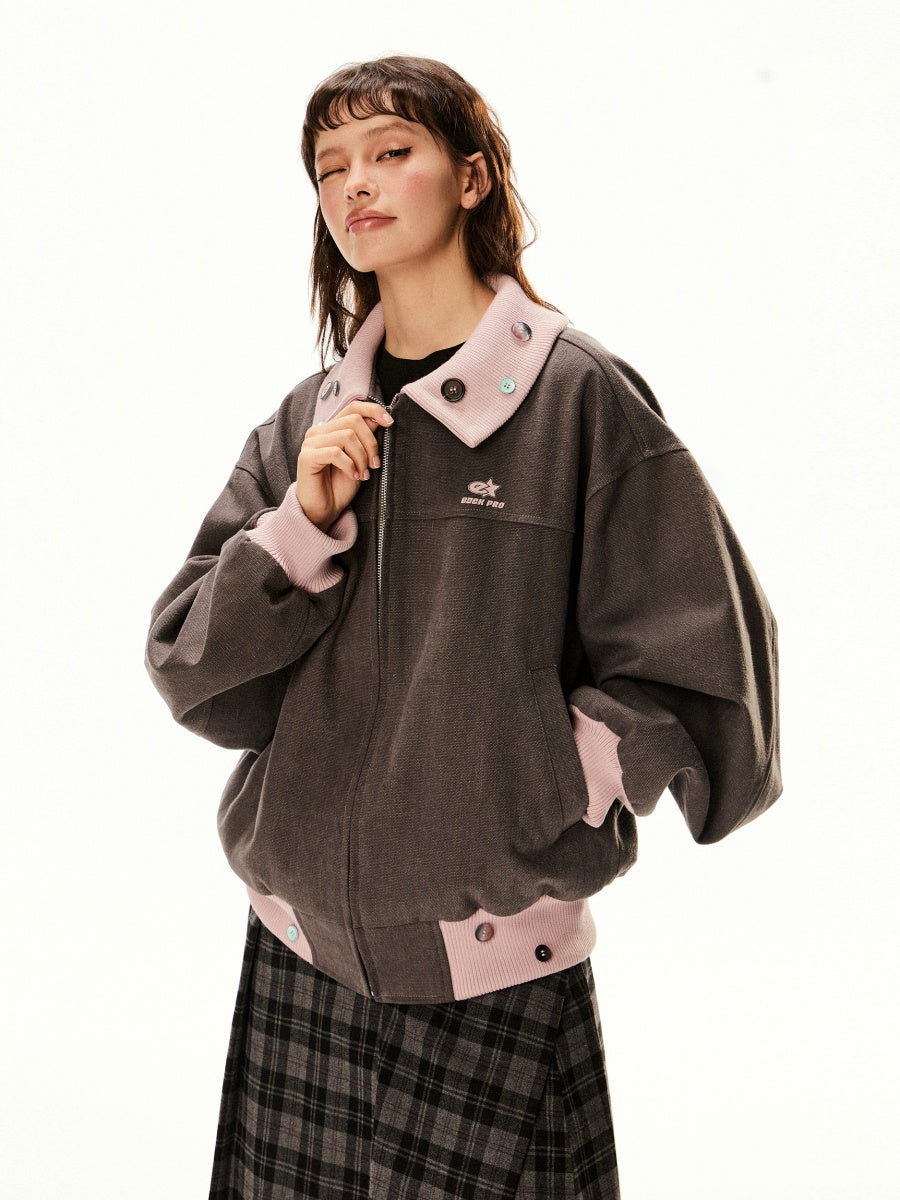 Gray Pink Varsity Bomber Jacket