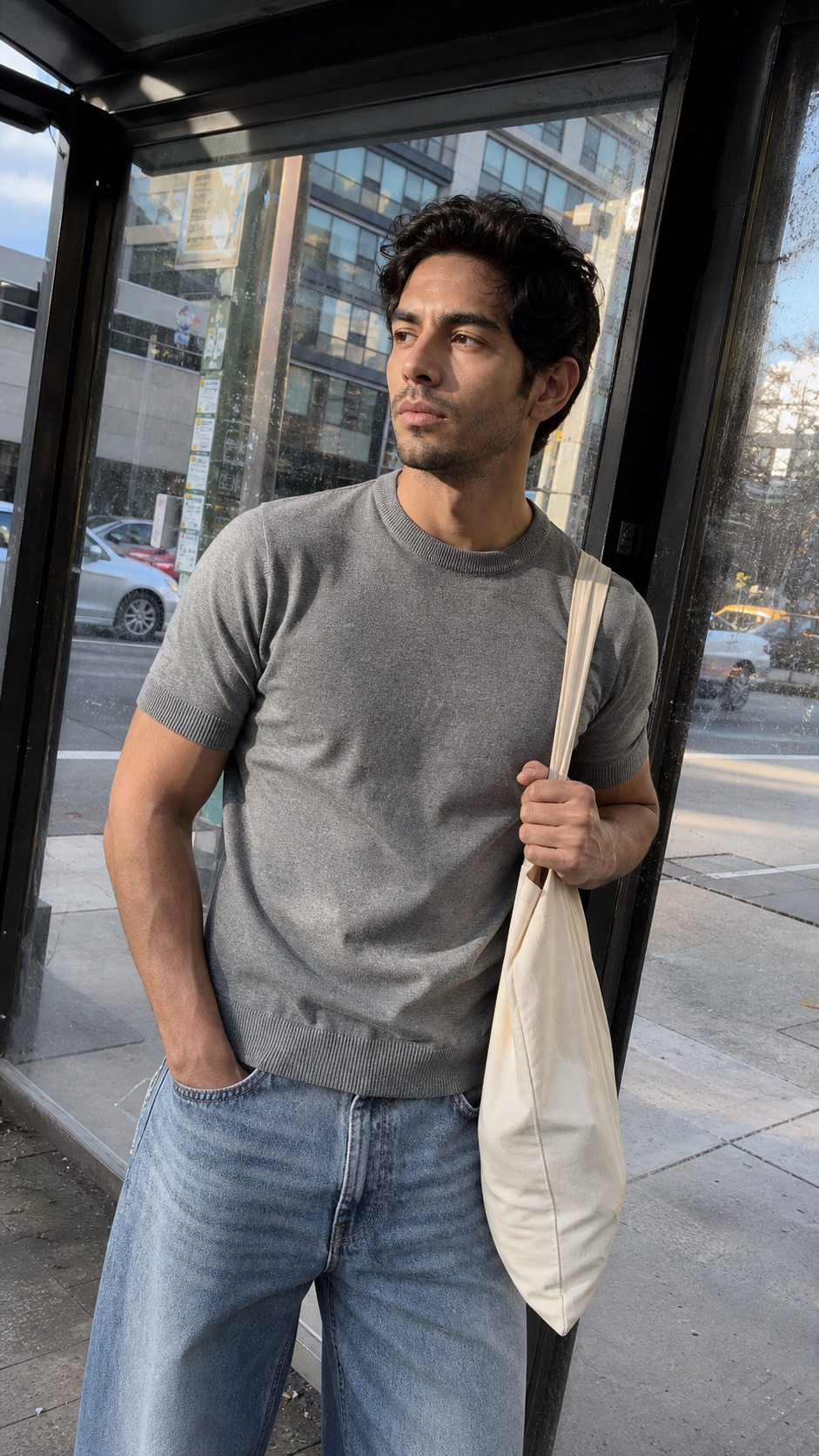 Retro Solid Knit Short-Sleeve T-Shirt UGC bus stop