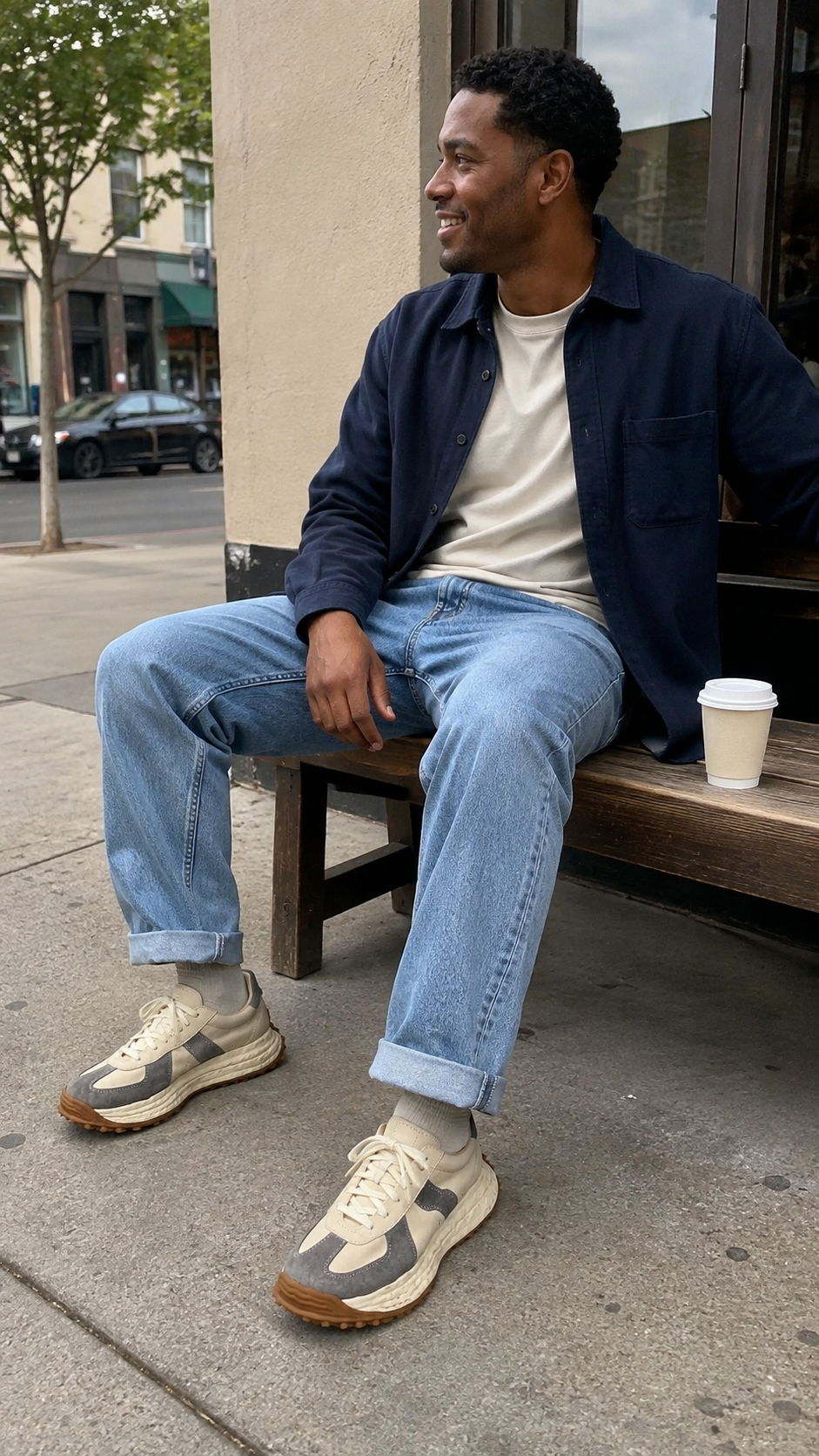 Retro Trail Leather Sneakers — A relaxed sidewalk coffee stop. Gray colorway.