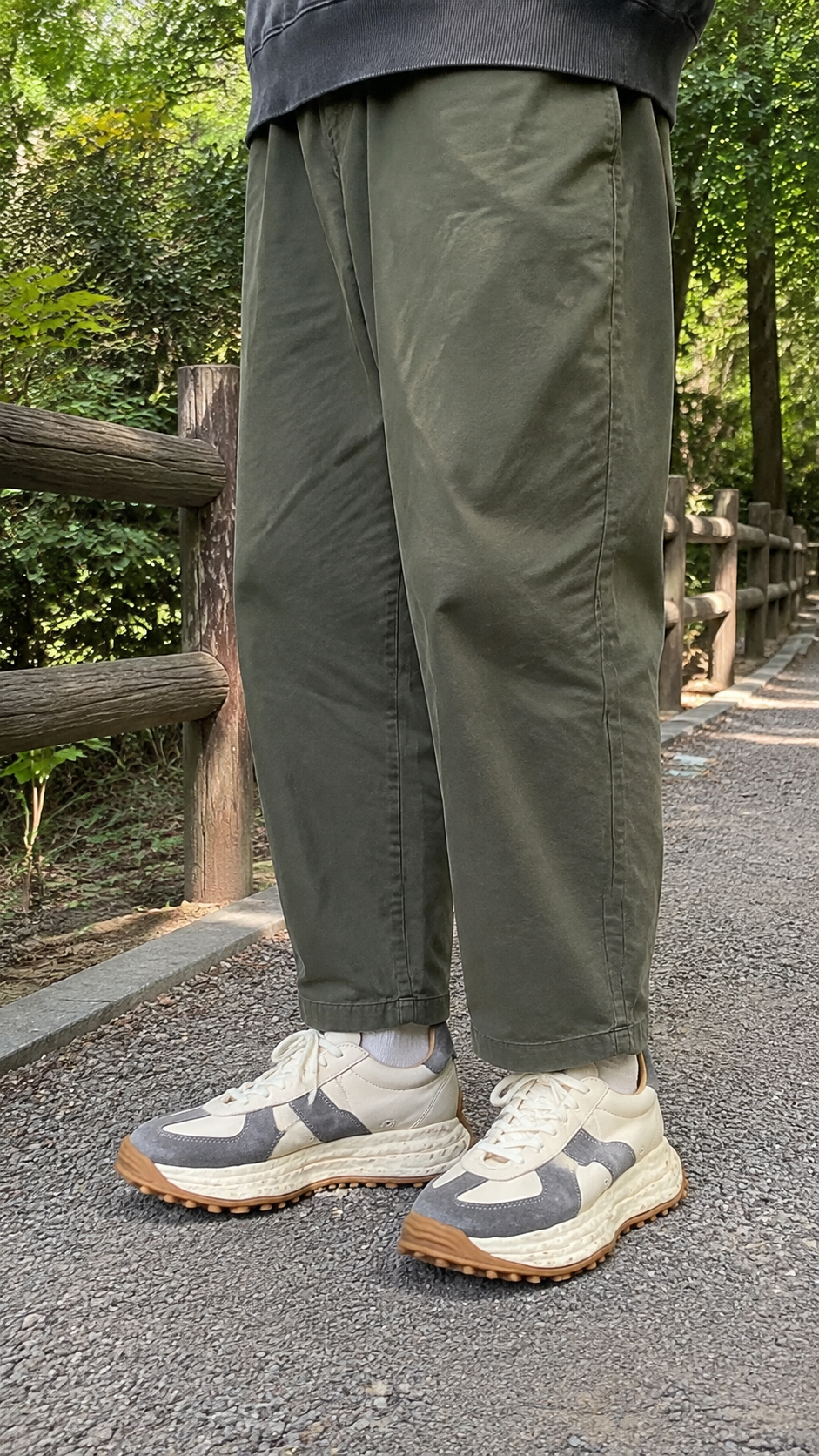 Retro Trail Leather Sneakers — Easy everyday wear on a shaded path. Gray colorway.