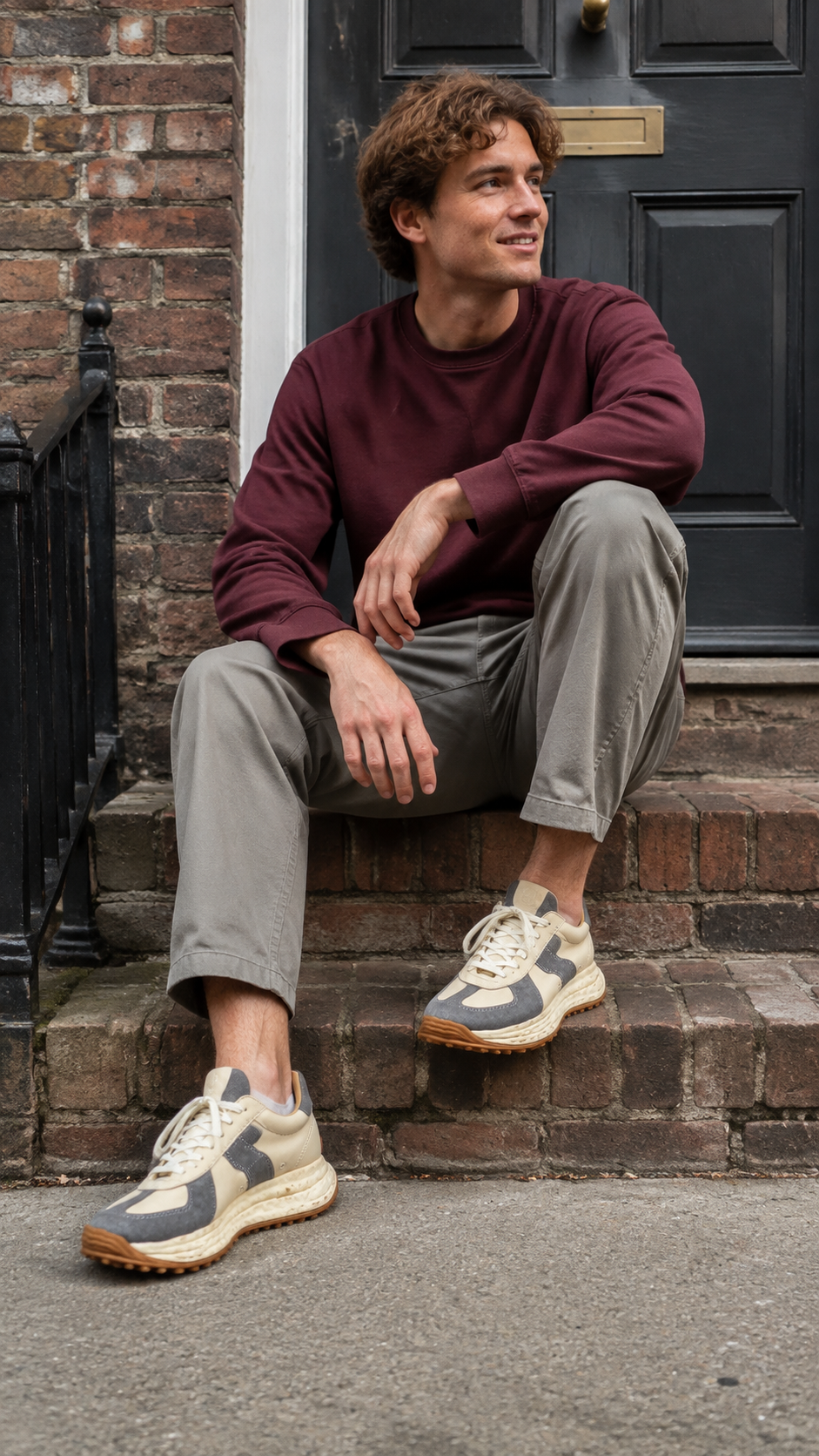 Retro Trail Leather Sneakers — A casual full outfit by the front steps. Gray colorway.