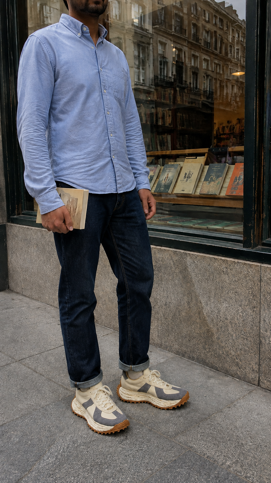 Retro Trail Leather Sneakers — A quiet stop outside the bookshop. Gray colorway.
