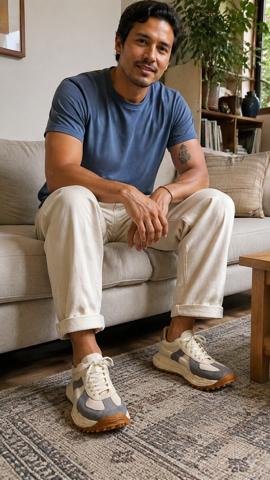 Retro Trail Leather Sneakers — Relaxed at home in natural window light. Gray colorway.