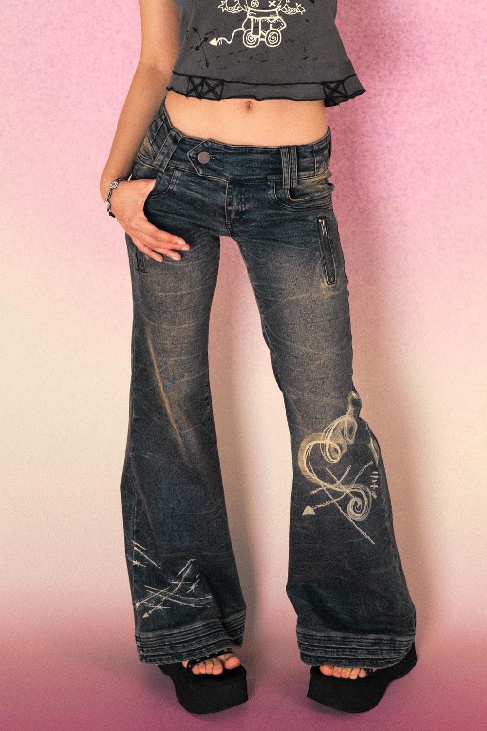 Retro Painted Wide Leg Flare Jeans
