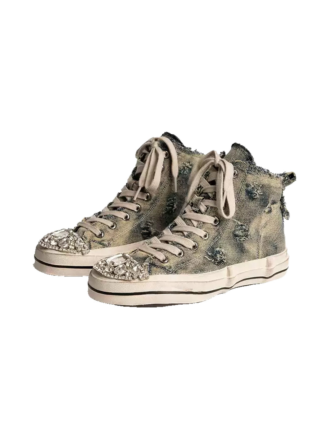Rhinestone Distressed Denim High-Top Sneakers - view 2