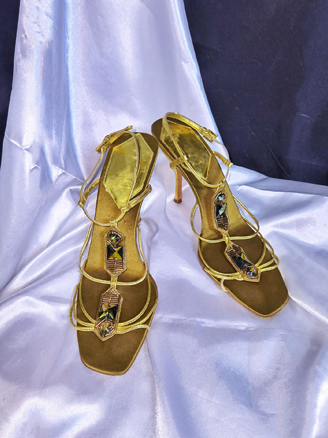 Rhinestone Lace-Up Square-Toe Sandals - View 2