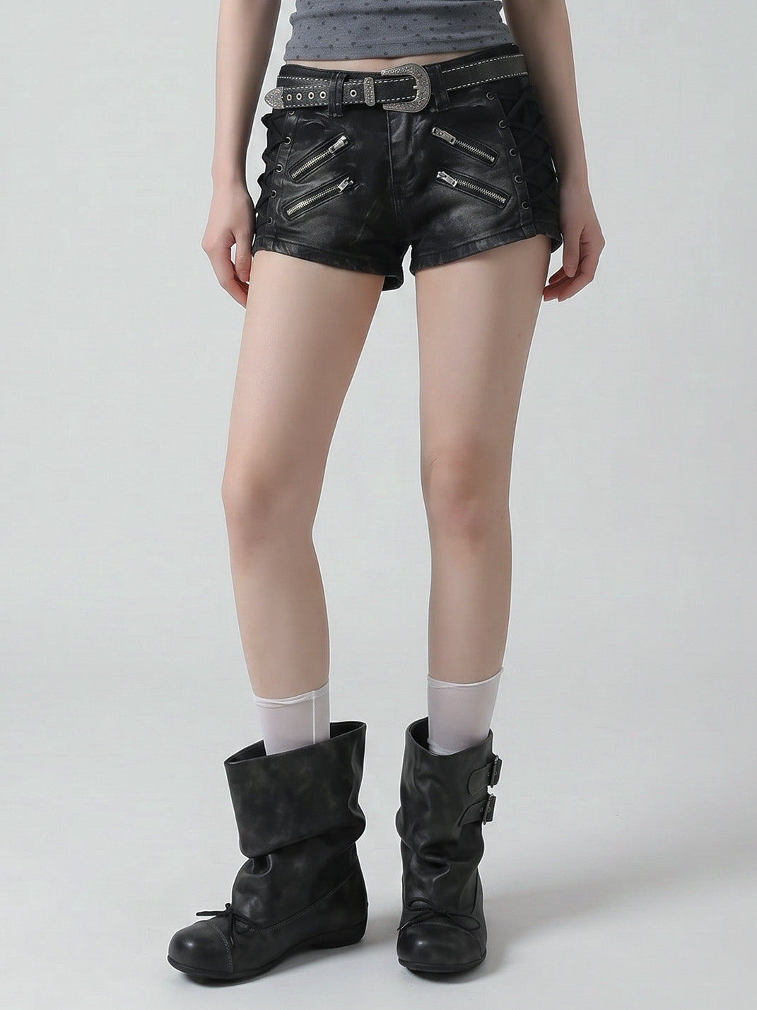 Ruched Multi-Buckle Mid-Calf Biker Boots - View 2