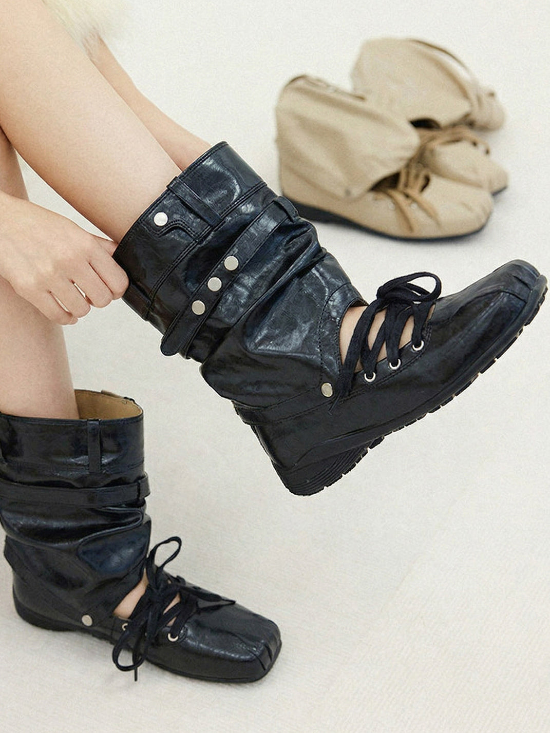 Bow-Trim Cutout Square-Toe Utility Boots - View 5