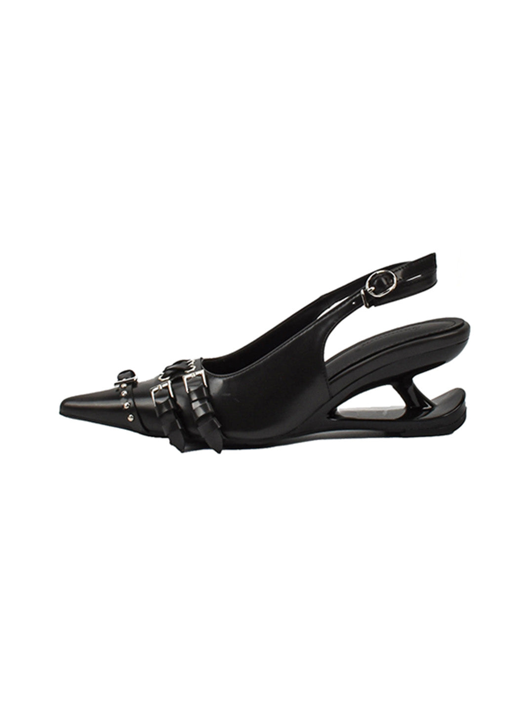 Studded Buckle Pointed-Toe Slingback Heels