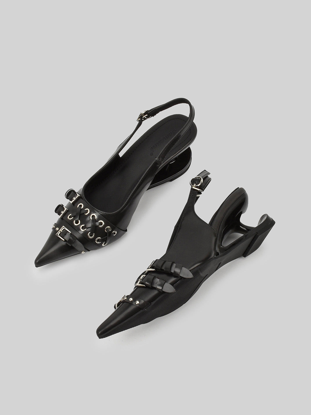 Studded Buckle Pointed-Toe Slingback Heels - View 12