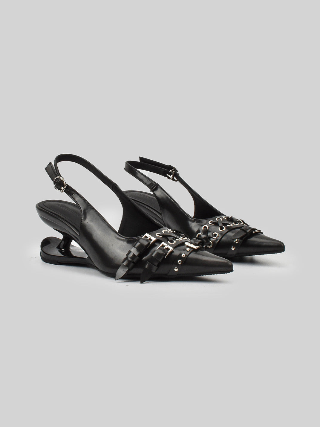 Studded Buckle Pointed-Toe Slingback Heels - View 15