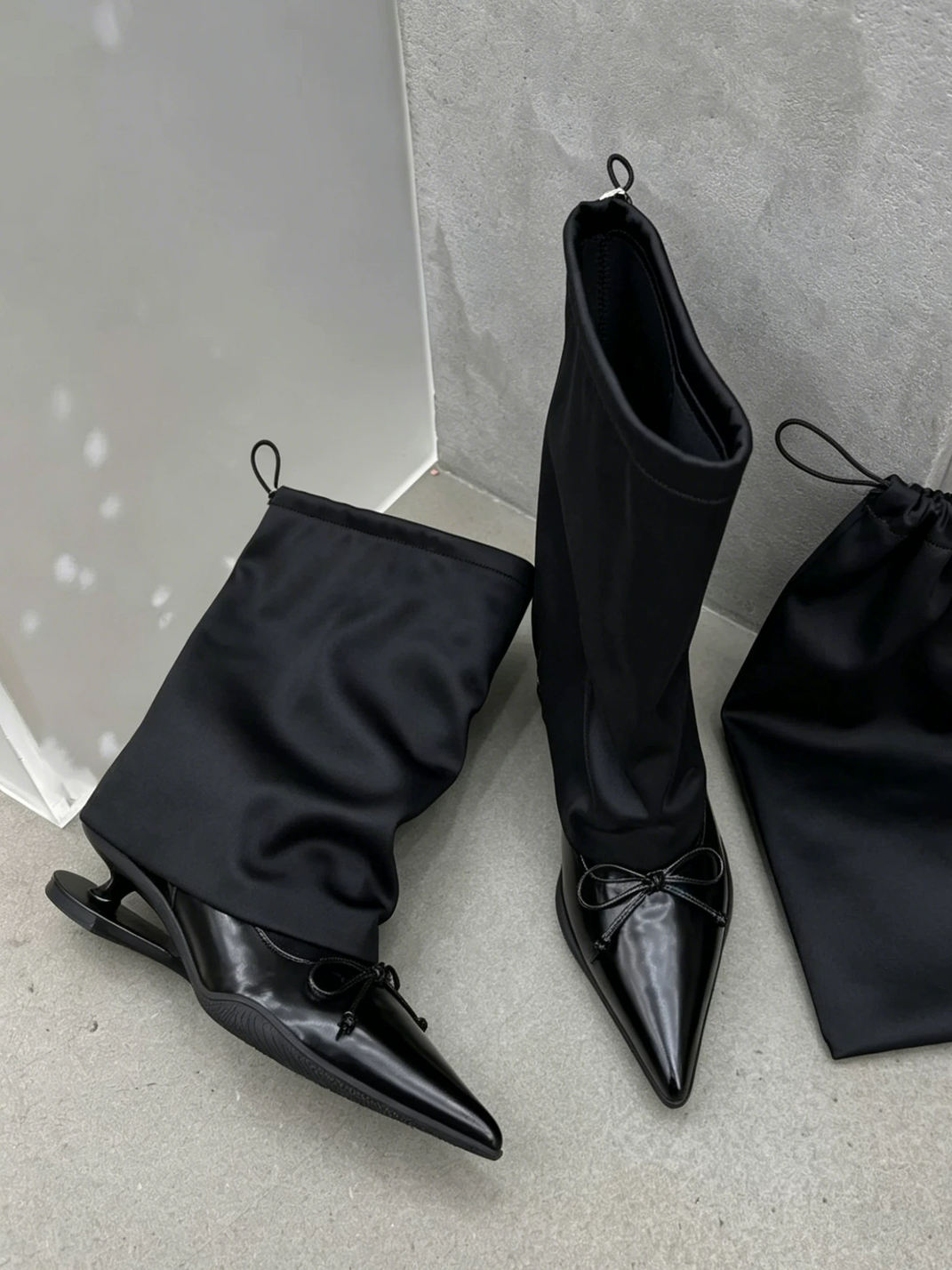 Satin-Shaft Pointed-Toe Mid-Calf Boots - View 11
