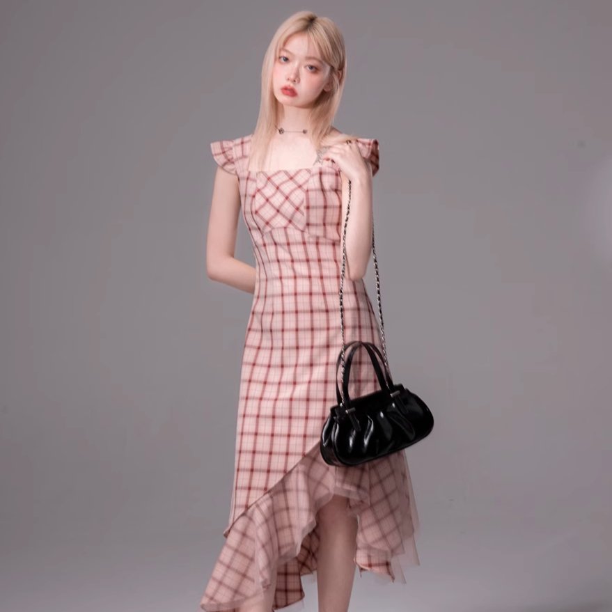 Blush Plaid Flutter Midi Dress