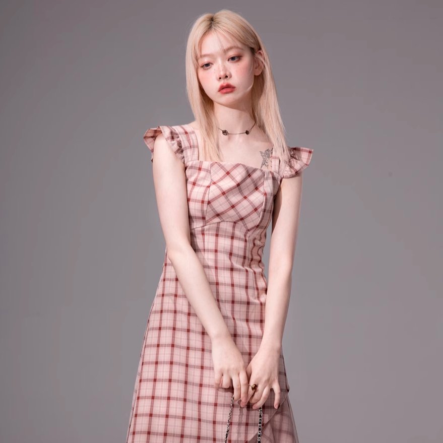 Blush Plaid Flutter Midi Dress