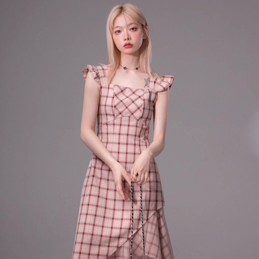 Blush Plaid Flutter Midi Dress