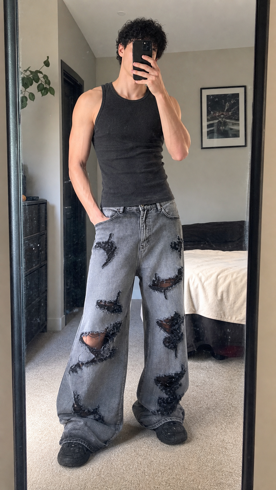 Ruin Fade Shredded Wide-Leg Jeans UGC showcase 1 — bedroom mirror fit check