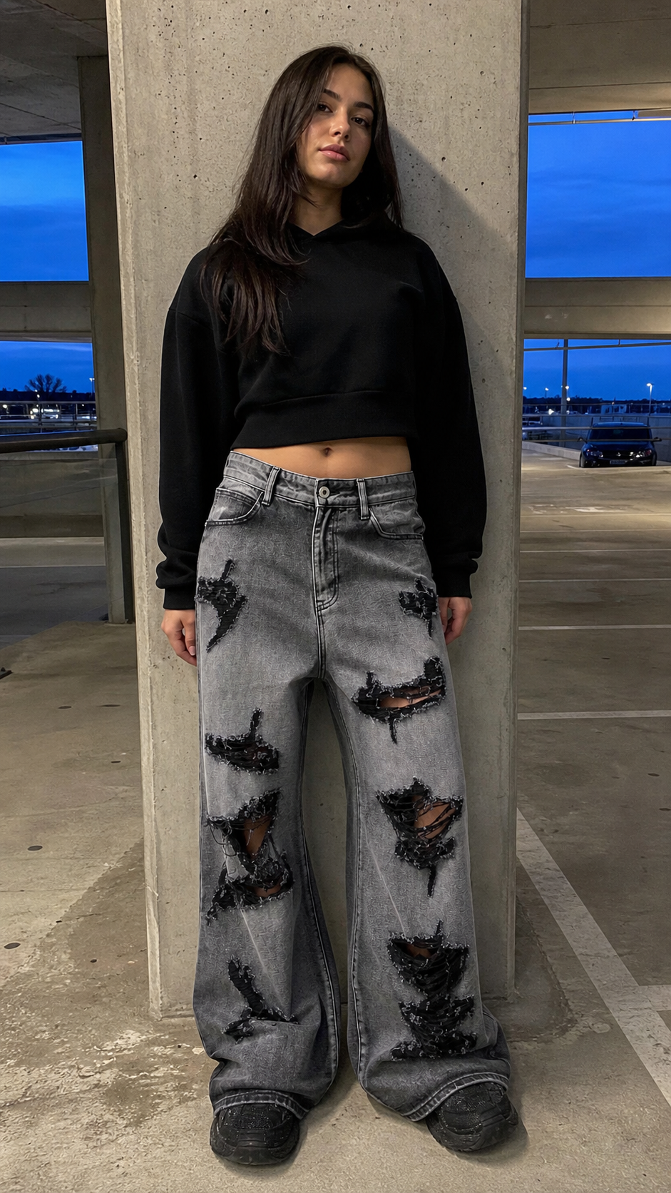 Ruin Fade Shredded Wide-Leg Jeans UGC showcase 2 — parking garage street fit