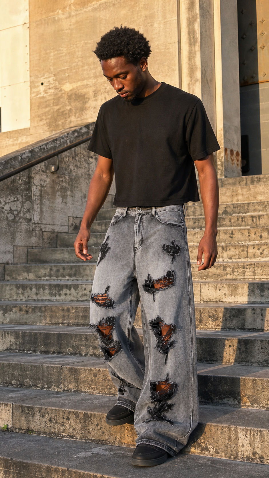 Ruin Fade Shredded Wide-Leg Jeans UGC showcase 4 — golden-hour city steps