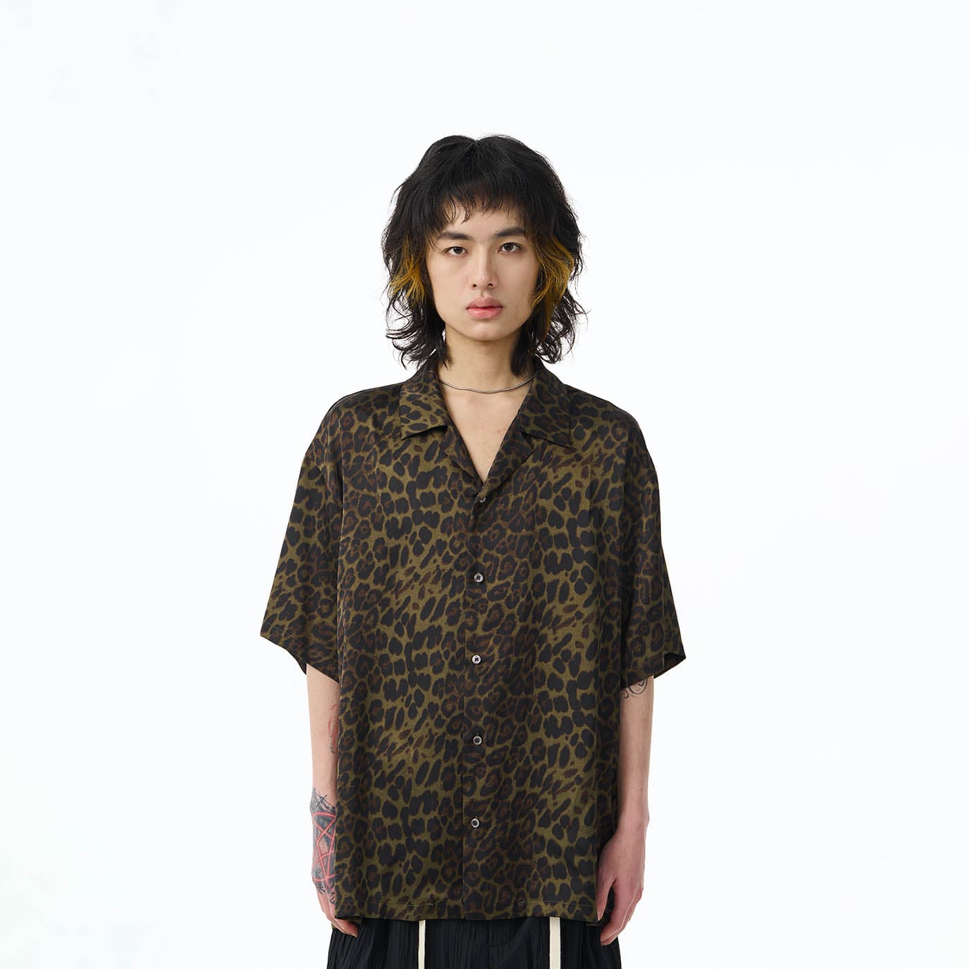 Olive Green Leopard Print Short Sleeve Shirt