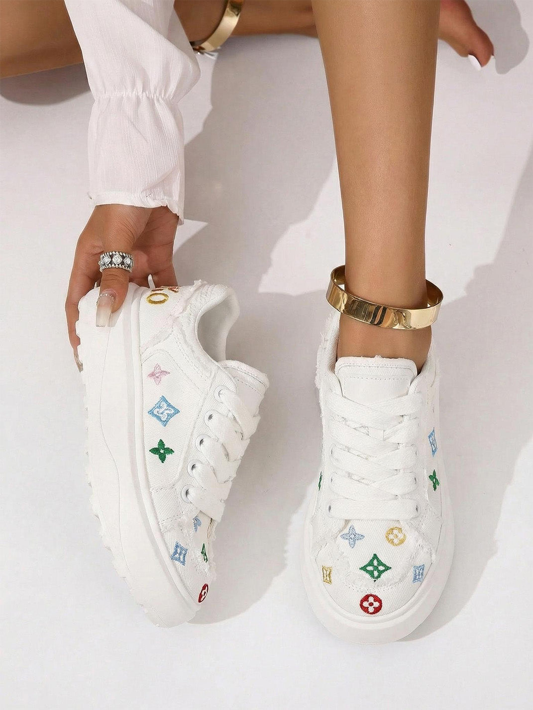 Embossed Multicolor Platform Skate Sneakers - View 7