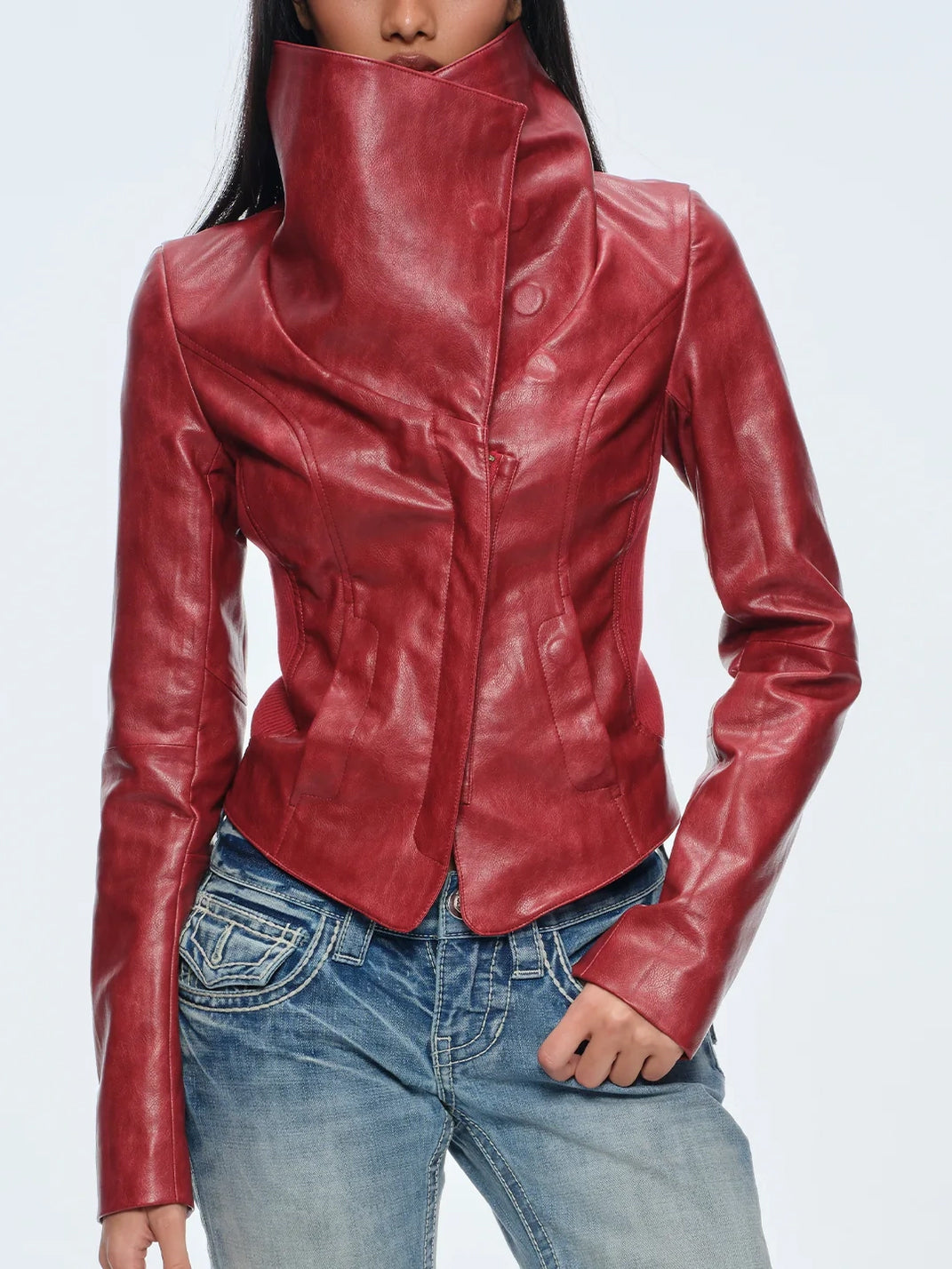Sculpted Magnetic-Collar Faux Leather Jacket — product view 4