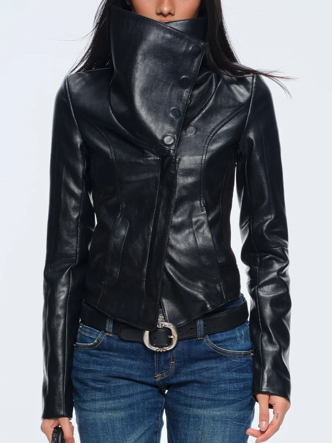 Sculpted Magnetic-Collar Faux Leather Jacket — product view 6